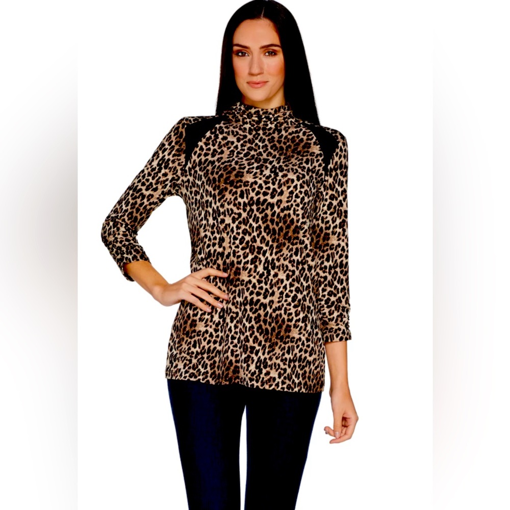 - Susan Graver Animal Print Liquid Knit Mock  Neck Top w/ solid black in…